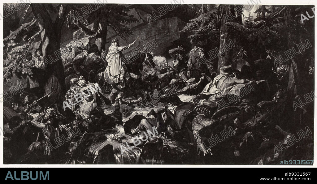 Photoreproduction of a painting of Charlemagne in the Alps by Paul Delaroche, Charlemagne traverse les Alpes (title on object), Robert Jefferson Bingham (mentioned on object), after: Paul Delaroche (mentioned on object), Paris, c. 1853 - in or before 1858, paper, albumen print, engraving, height 111 mm × width 215 mmheight 211 mm × width 300 mm.