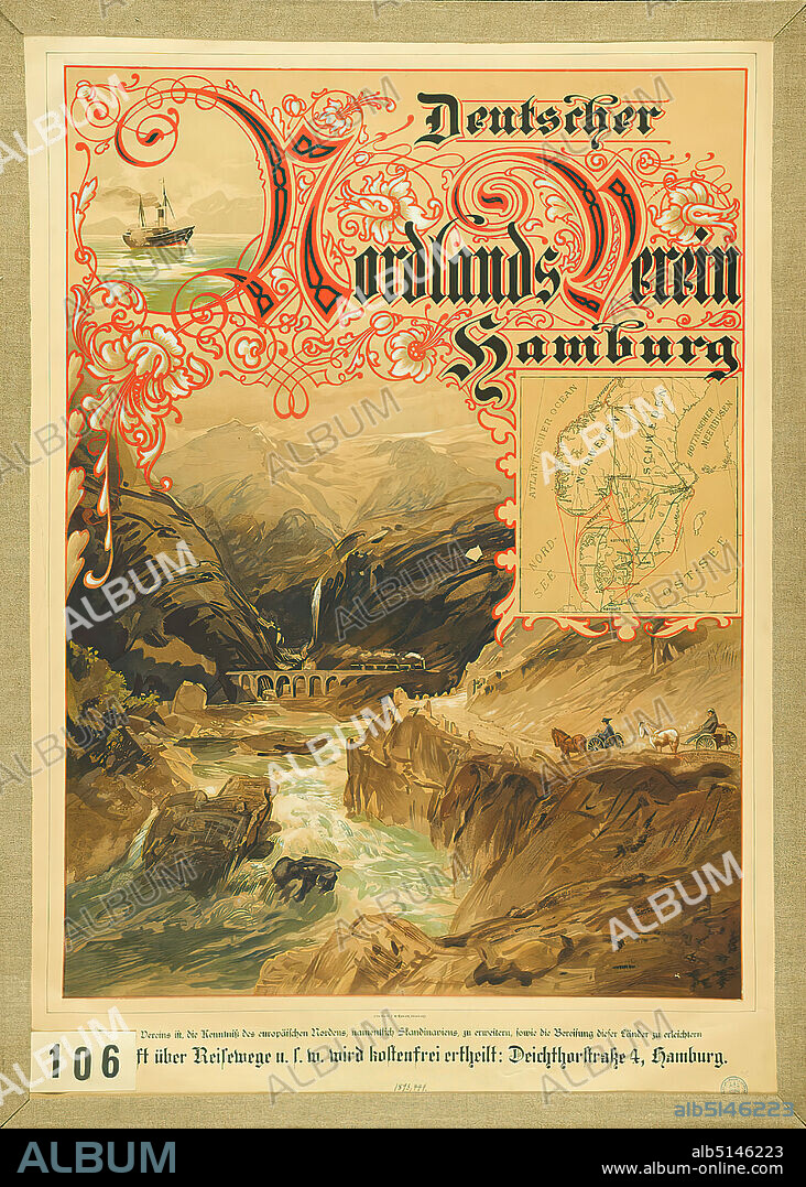 Carl Rodeck, Lithographic Institute F. W. Kähler, German Nordlands Association Hamburg, Chromolithography, Total: Height: 87 cm; Width: 62.8 cm, Product and business advertising (posters), Travel, Clubs/Associations, Travel/tourism, Mountains, Mountains, Steam ship, Motor ship, Horse, Vehicles covered with animals (carriage etc.), Bridge, Viaduct or aqueduct, Railroad/train, Country, Region.