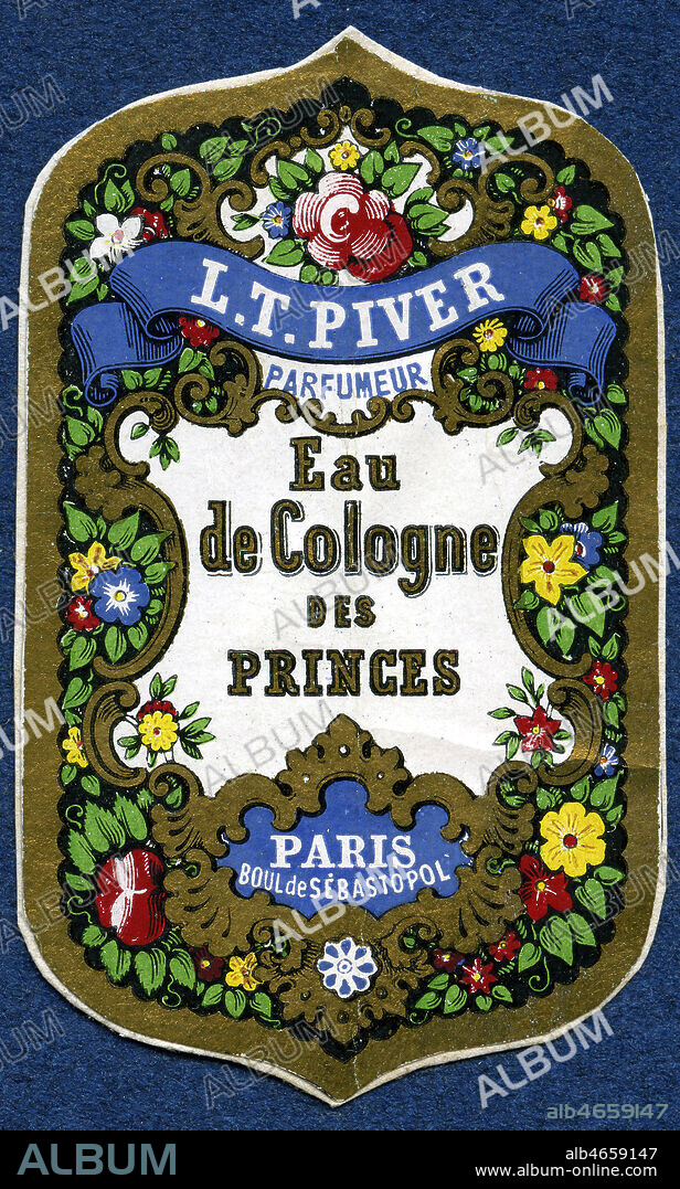 A la Reine des Fleurs. Eau de Vie de Lavande ambree de L.T. Piver. Illustration anonyme pour une etiquette de parfum vers 1860. Credit : Collection IM/KHARBINE-TAPABOR.