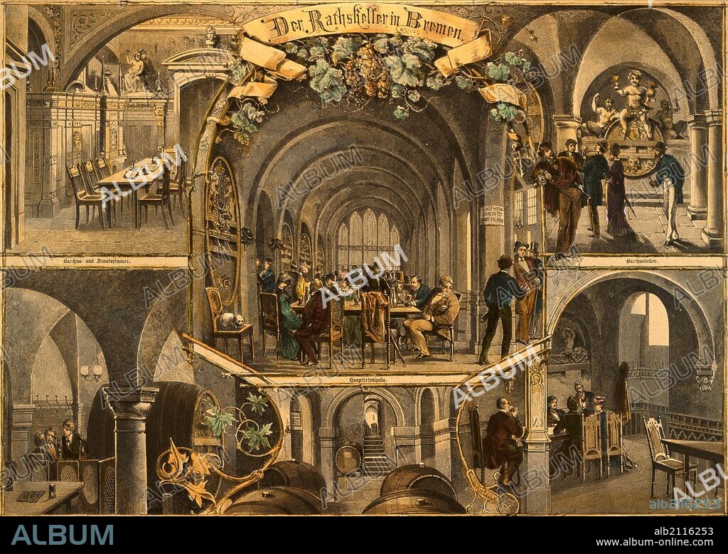 Ratskeller restaurant in Bremen Germany by Wilhelm Wiegmann, 1851-1920, berlin, Germany. 19th century, food and drink, liszt gourmet archive, bottles, glasses, drinking, barrel, barrels, bachus cellar, kneipwinkel, senetars room, rosenkeller.