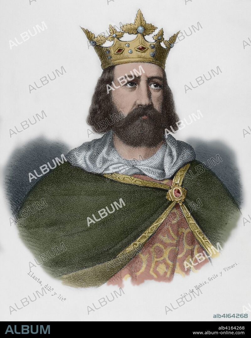Alfonso II de Aragón "el Casto" (1157-1196). Rey de Aragón y Conde de Barcelona, Besalú, Gerona, Cerdaña y Osona. Dibujo por Llanta. Litografía. Coloreada. Crónica General de España, Historia Ilustrada y Descriptiva de sus Provincias. Cataluña, 1866.