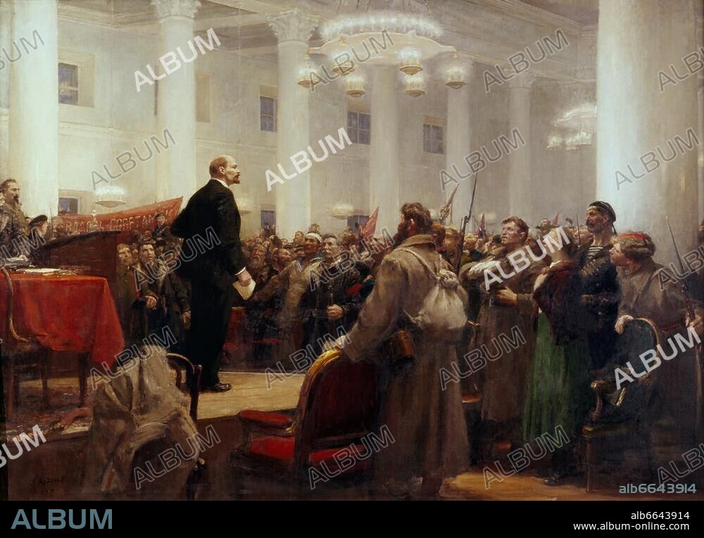 Oktoberrevolution 7./8. November (25./26. Okt. alten Stils) 1917 / 2. Allrussischer Sowjetkongreß, 25. Oktober 1917. "Die Rede Lenins auf dem II. Sowjetkongress am 25. Oktober 1917". Gemälde, 1957, von Leonid Wassiljewitsch Chudjakow (geb. 1915). Öl auf Leinwand. Moskau, Zentrales Revolutionsmuseum.