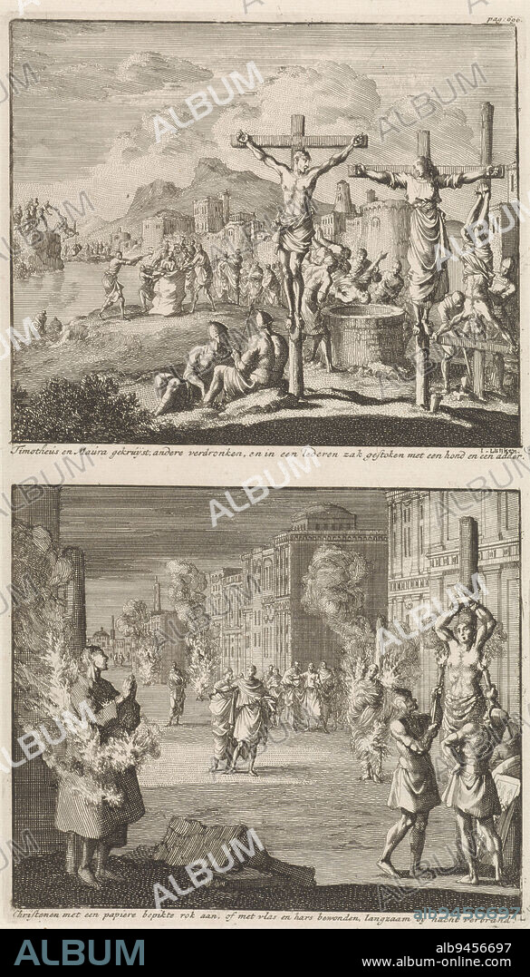 Two representations on a plate. Above: In the foreground the crucifixion of St. Timothy of Rome and St. Maura. In the background the martyrdom of other Christians. Below: a street in Rome. it is night. Christian martyrs stand tied to the side of the road and are set on fire by Roman soldiers., Crucifixion of St. Timothy of Rome and St. Maura and Christians are burned at night in Rome Timotheus and Maura crucified / Christians wearing papery stitched skirts, slowly burned , print maker: Jan Luyken, (mentioned on object), publisher: Jacobus van Hardenberg, bookseller: Barent Visscher, Amsterdam, 1700, paper, etching, h 274 mm × w 159 mm.