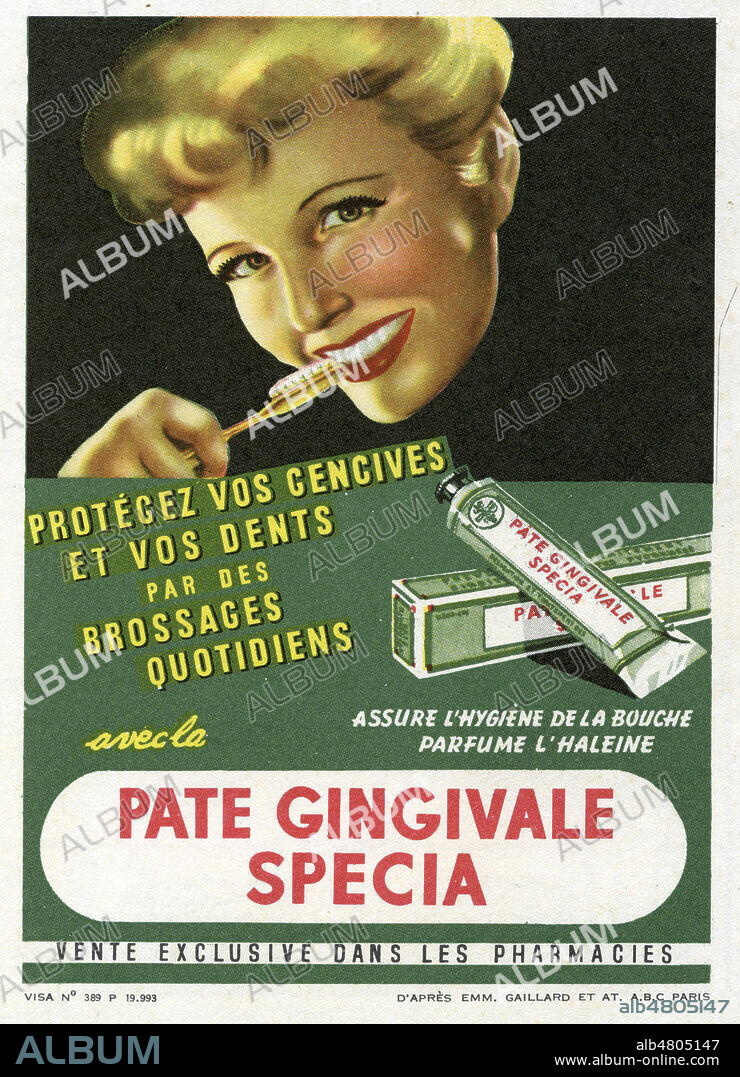 'Pate GINGIVAL, protegez vos gencives et vos dents par des brossages quotidiens'. Publicite vers 1930. Illustration anonyme. Credit : Collection IM/KHARBINE-TAPABOR.