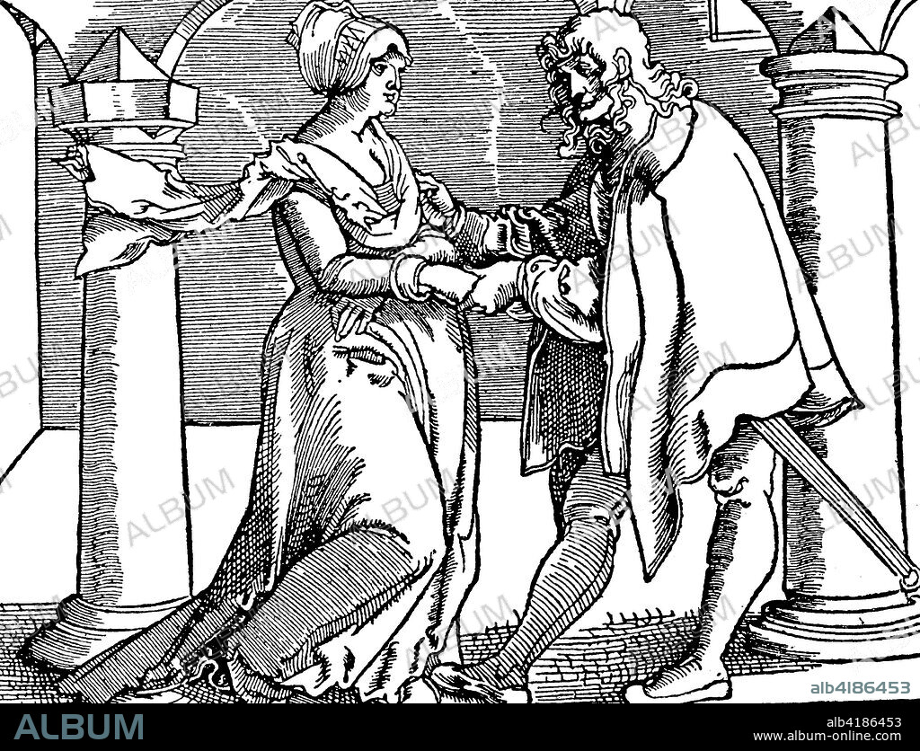 Thou shalt not covet thy neighbors wife or thou shalt not commit adultery. Illustration from a work on the Ten Commandments, woodcut from the 16th century, publication from the year 1882.