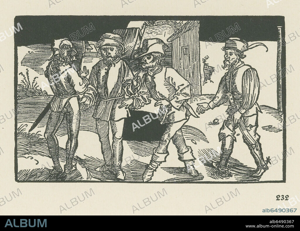 ALBERTO DURERO. Clitipho, Menedemus, Chremes und Syrus (Heautontimorumenos V,2). Chremes reproves his son Clitipho for his levity. Woodcut, 88 x 144mm. Reprints made in the 19th century. Illustration to "Comedies of Terence" (Publius Terentius Afer: Comoediae). Around 1492/93. Not published as a book; preserved are 132 woodcuts.