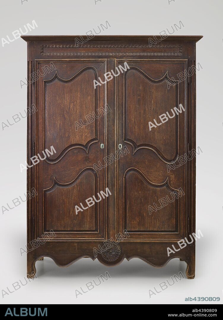 armoire, Attributed to Pierre Antoine Petit dit La Lumiere (American, born Canadian, about 1761-1813), about 1800, black walnut, tulip poplar, 79 x 59-1/4 x 24-1/2 in. (installed) A) armoire, without cornice: 77-3/4 x 55-1/2 x 23 in. B) cornice: 1-7/8 x 59-1/4 x 24-1/2 in. C) key: 1-1/2 x 3-1/2 x 1/4 in., Decorative Arts.