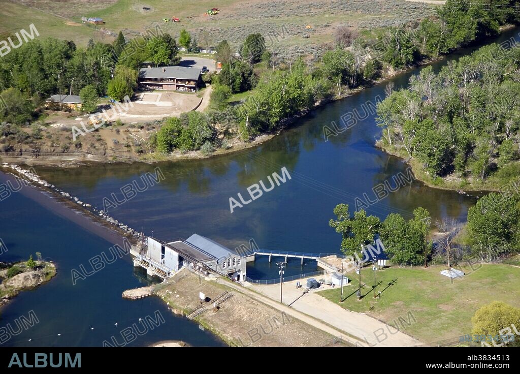 An aerial view of the historic Barber Dam on the Boise River in Boise, Idaho.