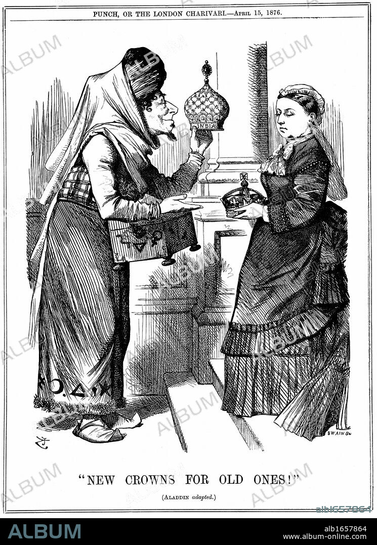 Benjamin Disraeli offering the crown of India to Queen Victoria. She was proclaimed Empress of India on l May 1876. John Tenniel cartoon from Punch London 15 April 1876.