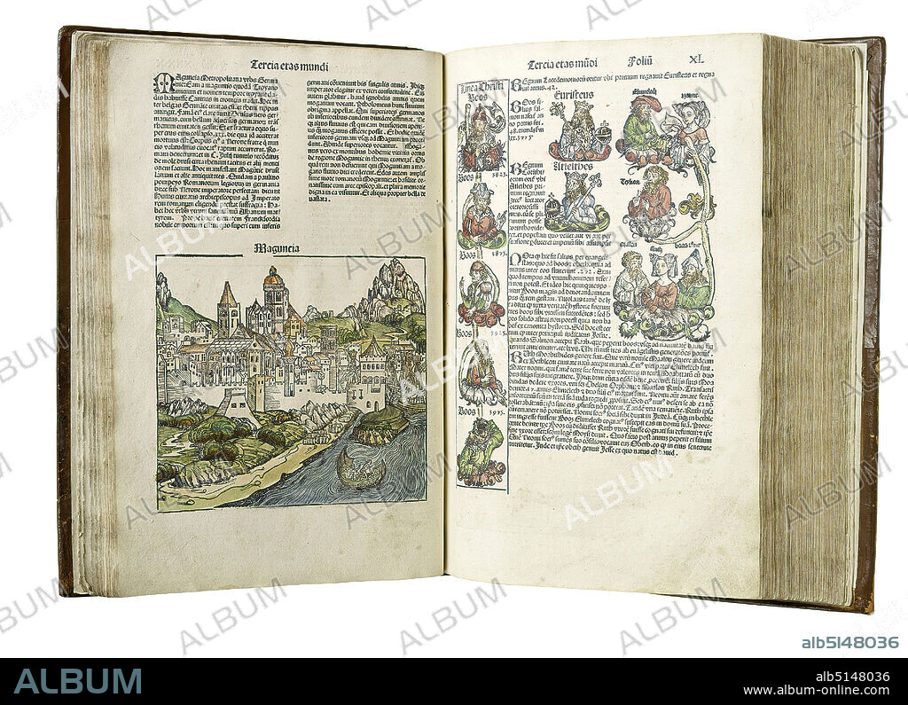 Anton Koberger, Wilhelm Pleydenwurff, Hartmann Schedel, Michael Wolgemut, Schedel's World Chronicle, paper, woodcut, Total: Height: 44,00 cm; Width: 32,00 cm; Depth: 8,50 cm, printed matter, town, city view (veduta), city maps, Renaissance, A highlight in book illustration on the threshold between the Middle Ages and modern times is the so-called Schedel's World Chronicle. The Nuremberg city physician and humanist Hartmann Schedel published a Latin and a German edition of his chronicle in 1493. The voluminous book is equipped with numerous woodcuts: On more than 600 pages, there are over 1,800 illustrations, which were created by Michael Wolgemut and his stepson Wilhelm Pleydenwurff. The chronicle is an atlas, lexicon and history book in one. On display are maps, portraits and family trees, coats of arms, wonders and legendary figures. The book illustrates the course of time with pictures of famous people and places. Some cities are shown for the first time in reproduction graphics. However, only some of these famous city views are authentic, others are highly typified, some woodcuts are even used for different cities. Schedel's World Chronicle can be understood as an ambitious attempt to capture the course of the world between two book covers. Following a traditional scheme, the chronicle is divided into seven world ages and unfolds the sequence of times from the biblical story of creation to the Last Judgement. However, it is not only based on the Bible, but also on insights from antiquity and views of the emerging humanism. The World Chronicle thus shows a picture of the world and of history in a state of upheaval, which still oscillates between faith, superstition and knowledge.