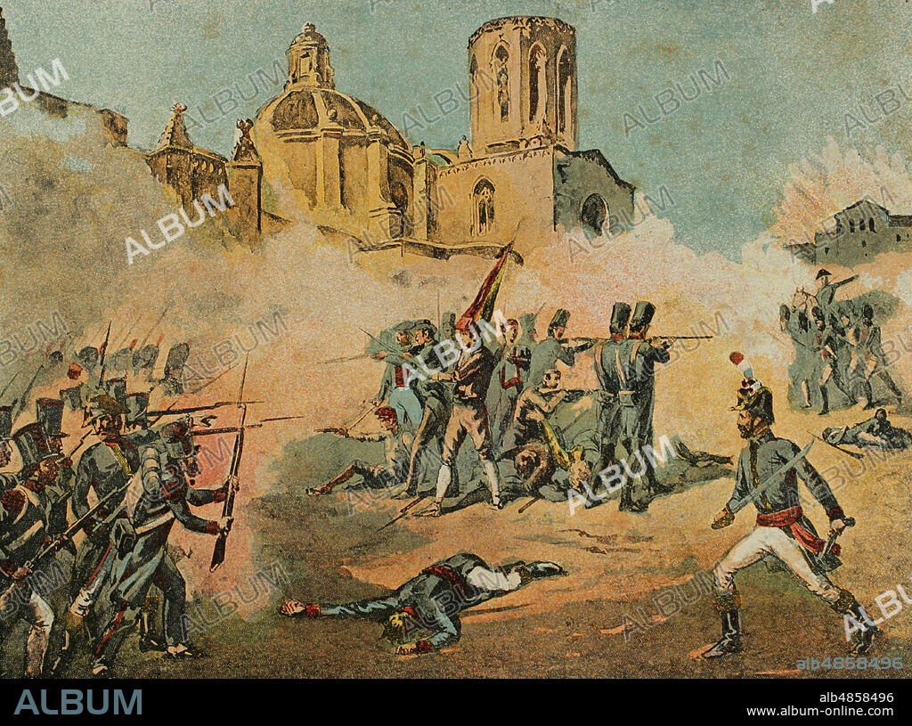Guerra de la Independencia Española (1808-1814). Sitio de Tarragona (1811). Enfrentó a las tropas francesas al mando del general Suchet con las españolas dirigidas por Juan Senén de Contreras, gobernador militar de la ciudad. Los hechos tuvieron lugar entre el 5 de mayo y el 29 de junio de 1811, finalizando con la ocupación francesa de la ciudad. Tarragona permaneció bajo poder francés hasta la retirada de Suchet el 13 de agosto de 1813. Cromolitografía. El grito de independencia, por Carlos Mendoza. Publicado en Barcelona, 1890.