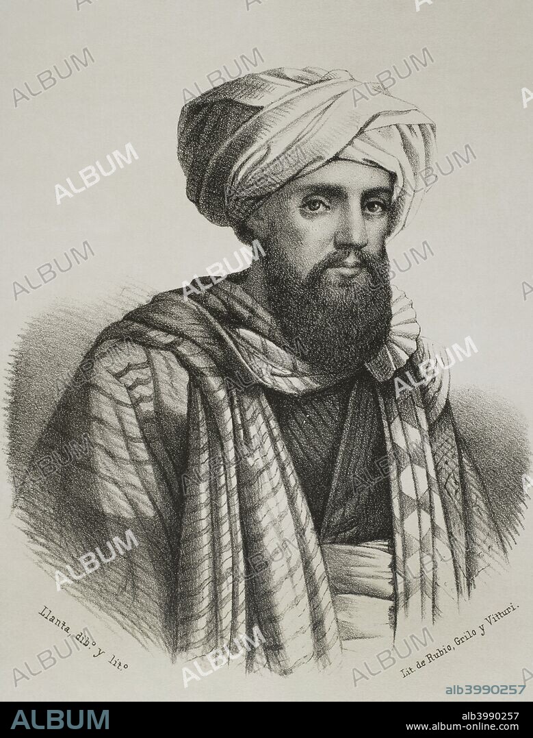 Domingo Badía (1767-1818). Militar, espía, arabista y explorador español. Conocido como Alí Bey o Alí el-Abbassi. Dibujo por LLanta. Litografía. Domingo Badía vestido como Alí Bey. Crónica General de España, Historia Ilustrada y Descriptiva de sus Provincias. Cataluña, 1866. Biblioteca Histórico Militar de Barcelona. Cataluña, España.