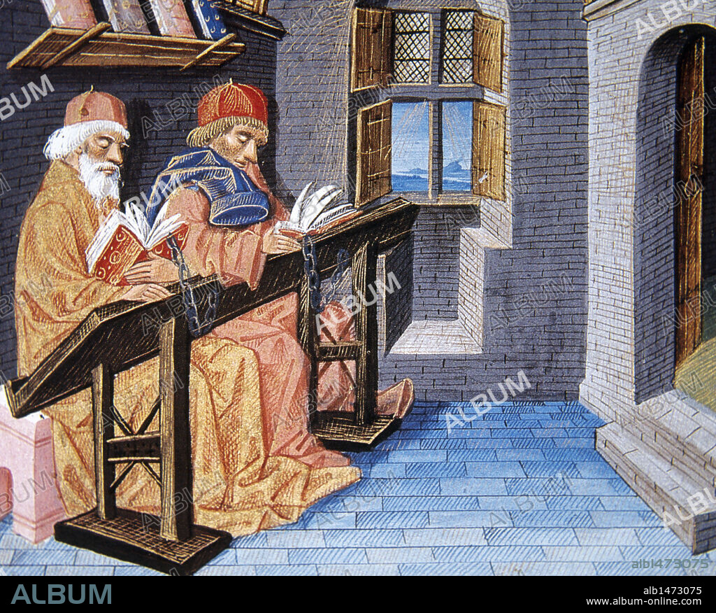 Scholars studying in a library. Miniature in Livre des Bonnes Moeurs (Book of Good Manners). 15th century. By Jacques Legrand (c.1360-c.1425). Illumination by Master of Lucon (active ca.1390-1417). Castle of Chantilly. France.