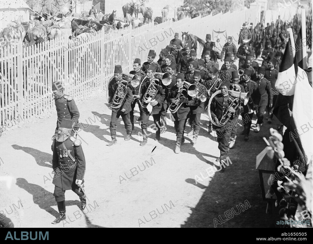Turkish military band marching to the German camp during state visit of Wilhelm II Emperor of Germany to Jerusalem, 1898. At this date Jerusalem was still part of the declining Ottoman Empire. Music Military Instrument Brass.