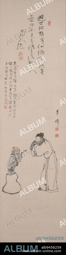 Scholar Greets a Magician, around 1800, Shd; Calligrapher: Murase Taiitsu; Artist: Tanke Gessen, Japanese, 1803 - 1881, 39 1/8 × 10 3/8 in. (99.38 × 26.35 cm) (image)64 3/4 × 14 3/4 in. (164.47 × 37.47 cm) (without roller), Ink and color on paper, Japan, 19th century, This is a collaborative work between two artists with an additional contribution by a third artist which was added later. Originally, this work was the painting by Gessen and calligraphy by someone named Shd, done around 1800. In the mid-19th century, Murase Taiitsu added his poem at the top.