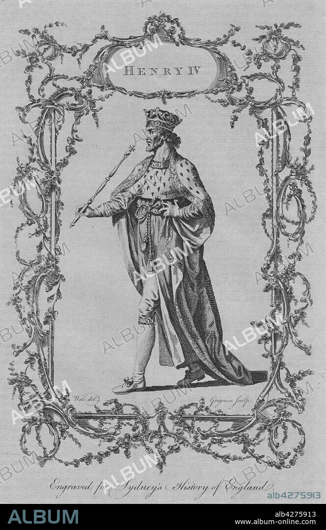 'Henry IV', 1773. Henry IV (1367-1413), known as Henry Bolingbroke, King of England from 1399 to 1413, asserted the claim of his grandfather, Edward III to the Kingdom of France.  From "A New and Complete History of England, From the Earliest Period of Authentic Intelligence to the Present Time", by Temple Sydney. [J. Cooke, London, 1773].
