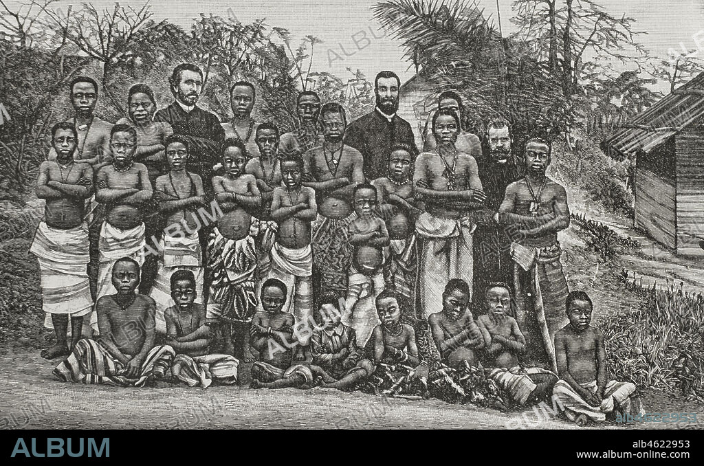 Historia de Africa. Siglo XIX. Alumnos de la misión católica de Boma. Grabado. El Congo y la Creación del Estado Independiente de este nombre. Historia de los Trabajos y Exploraciones Verificados, por Enrique M. Stanley. Editada en Barcelona, hacia 1890. España.