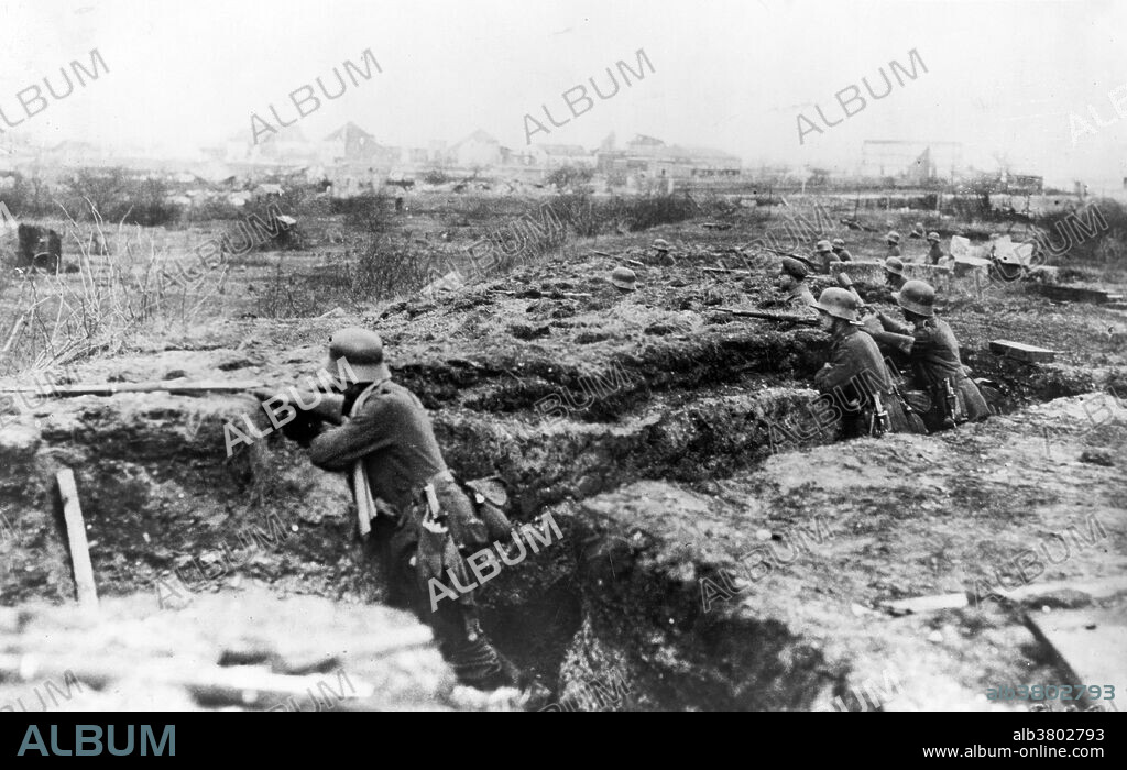 German soldiers in a trench. Trench warfare is a form of land warfare using occupied fighting lines consisting largely of trenches, in which troops are significantly protected from the enemy's small arms fire and are substantially sheltered from artillery. The most prominent case of trench warfare is the Western Front in World War I. Both sides constructed elaborate trench and dugout systems opposing each other along a front, protected from assault by barbed wire. The area between opposing trench lines (no man's land) was fully exposed to artillery fire from both sides. Attacks, even if successful, often sustained severe casualties. The common infantry soldier had only a few weapons to use in the trenches: the rifle, bayonet, and hand grenade.