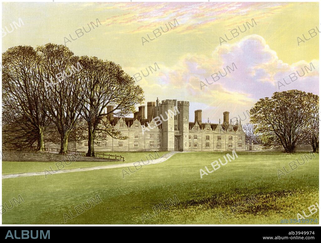 Knole, near Sevenoaks, Kent, home of Lord Sackville, c1880. The house was built in the second half of the 15th century by Thomas Bourchier, Archbishop of Canterbury. Henry VIII took it from Archbishop Thomas Cranmer in 1538 and in 1566 Elizabeth I gave it to her cousin Thomas Sackville. A print from A Series of Picturesque Views of Seats of the Noblemen and Gentlemen of Great Britain and Ireland, edited by Reverend FO Morris, Volume VI, William Mackenzie, London, c1880. Wood-engraved plates after paintings by Benjamin Fawcett and Alexander Francis Lydon.