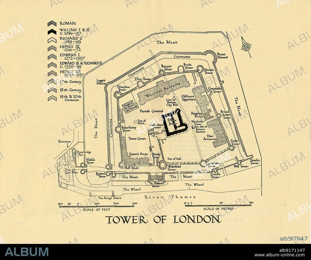 'Tower of London', 1961. Ground plan of the Tower of London, with key indicating building periods: 'Roman; William I & II, c.1086-97; Richard I, 1189-99; Henry III, 1216-72; Edward I, 1272-1307; Edward III & Richard II, c1350-99; Henry VIII, 1509-1547; 17th century; 18th century; 19th & 20th centuries'. The River Thames is at the bottom. Features illustrated include the Wharf, King's Stairs, the Moat, parade ground, 'site of block' (for beheadings), Queen's House, Tower Green, Waterloo Barracks, Chapel of St Peter ad Vincula, New Armouries, Hospital Block, Officers Quarters, line of Roman wall, and towers: Bell, Wakefield, Lanthorn, Salt, Well, St Thomas', Cradle, Develin, Byward, Bloody, Beauchamp, Devereux, Flint, Bowyer, Brick, Martin, Constable, Broad Arrow, Coldharbour, Wardrobe, and the White Tower. From "The Tower of London". [Her Majesty's Stationery Office, London, 1961].