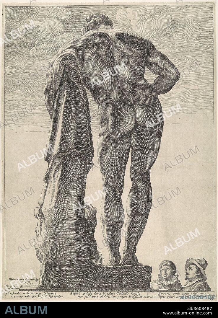 Farnese Hercules. Artist: Hendrick Goltzius (Netherlandish, Mühlbracht 1558-1617 Haarlem). Dimensions: sheet: 16 9/16 x 11 15/16 in. (42.1 x 30.4 cm). Date: ca. 1592, dated 1617.
It was Goltzius' poor health as well as his desire to see the treasures of Rome that inspired him to travel to Italy in 1590--91. Supposedly, the famed Dutch printmaker traveled incognito in order to avoid social obligations that might distract from his real purpose, which was sketching and studying antique sculptures. The ancient Roman statue known as the Farnese Hercules had been discovered in the Baths of Caracalla in Rome in 1546, and installed in a courtyard of the Farnese family's palace on the banks of the Tiber, where it was one of the highlights of the Roman tour for visiting scholars, connoisseurs, and artists. When Goltzius drew the statue, the legs he saw were substitutions that had been made by Guglielmo della Porta in 1560--although the ancient legs had been found soon after the rest of the statue, Michelangelo convinced the Farnese that the modern ones were just as good.
The two figures looking up at the massive statue in the lower right corner of the engraving have never been satisfactorily identified. Perhaps, as was suggested by the eighteenth-century Dutch artist and collector Cornelis Ploos van Amstel, they are a self-portrait and a portrait of the artist's stepson Jacob Matham, who was also an engraver.
The Farnese Hercules shows to excellent advantage the virtuosic technique that Goltzius had developed, in which the swelling and tapering line pioneered by Cornelis Cort is exaggerated to the point that it becomes a focus of interest in itself. As the line winds around the forms, expanding and contracting, it gives great sculptural force to the curves and bulges of the hero's body. The engraving by Goltzius, unusual for its viewpoint and its inclusion of observers, was one of a long series that had spread the fame of the statue, including one by Jacob Bos (41.72[2.63]) that provides the more common front view of the Hercules.