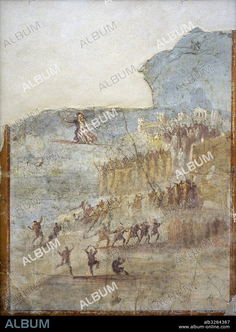 Pintura mural romana. "Los Troyanos bailan felizmente y arrastran el caballo de madera en una larga procesión hasta las murallas de Troya. La profetisa Casandra, se aleja con sus antorchas encendidadas". Pintura procedente de Pompeya (IX, 1, 7). Museo Arqueológico Nacional. Nápoles. Italia.