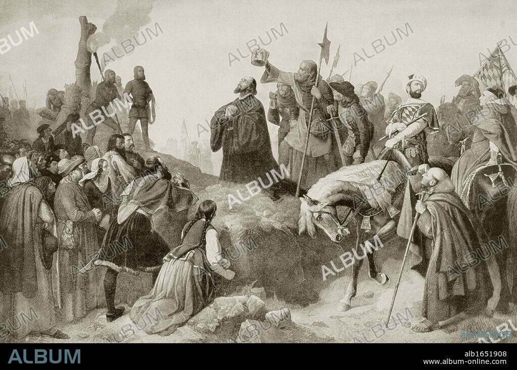 Jan Hus born c. 1372 executed July 6, 1415. Czech priest and religious reformer. Praying in front of stake where he will be burned. From Das Evangelium in der Verfolgung by Bernhard Rogge, published 1920.