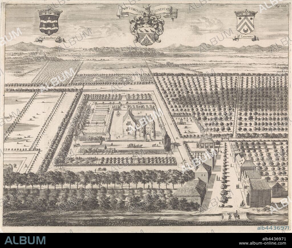Bird's eye view of Popkensburg Castle, View of Popkensburg Castle in Sint Laurens on Walcheren. In the middle the castle, around the gardens and orchards. Top left the coat of arms of Popkensburg, in the center the coat of arms of owner Johan Boudaen Courten, top right the coat of arms of Sint Laurens. Marked top right: Pag. 668, castle, French or architectonic garden, formal garden, orchard, prospect of village, silhouette of village, armorial bearing, heraldry (with NAME of family), coat of arms (as symbol of the state, etc.) (city, municipal), Popkensburg Castle, Jan Luyken, 1696, paper, engraving, h 277 mm × w 350 mm.