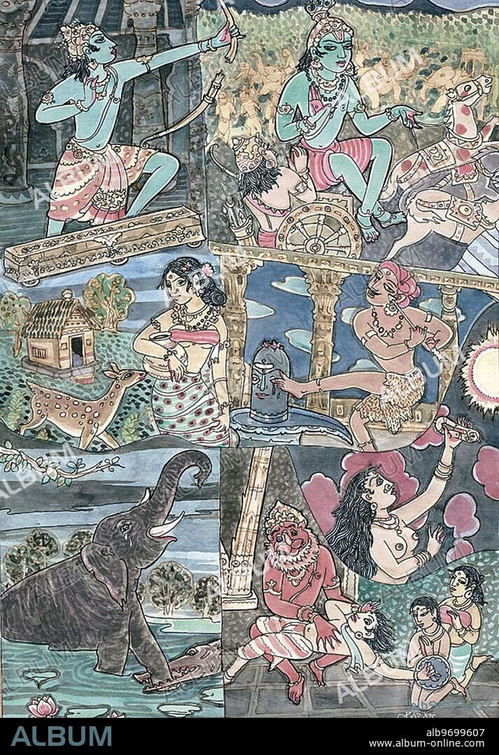 India: Dancing with Siva - Rama - Sita - bow - Krishna - Arjuna - Kannappan - eye - Kannagi - Madurai - Vishnu - Narasimha - Gajendra - Mareecha - golden deer - Artist S. Rajam - Hindu belief - Hindu - Hinduism - art - Himalayan Academy art - linga - arrow - elephant - India - Indian art - Hindu art - religion - Hindu religion.