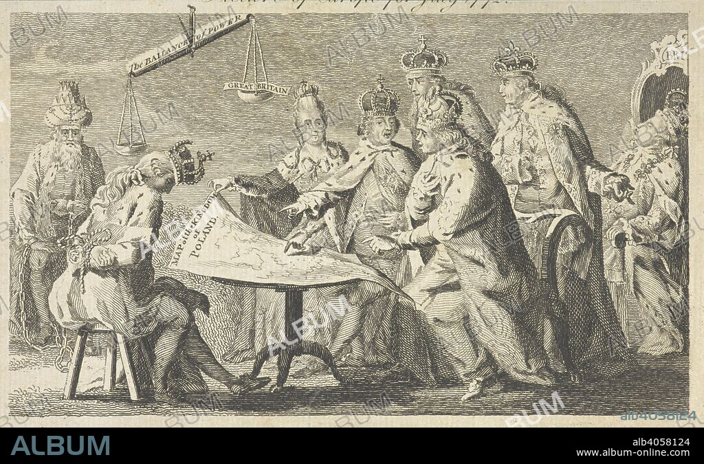 A satirical cartoon representing the first partition of Poland of 1772. Six European monarchs study a map of the Kingdom of Poland before Polish king Stanislaus II, shown seated and bound. Monarchs identified as as Catherine II of Russia, Frederick William II of Prussia, Louis XV of France, Leopold II, Holy Roman Emperor and Charles III of Spain. George III of Great Britain shown asleep in a chair, implying that it is the negligence of George III that has led to the altering of European influence away from Britain in favour of Prussia, represented by weighing scales labelled 'The balance of power.'  Trimmed with loss of title outside top border.  . [Picture of Europe for July 1772]. London: s.n., ca. 1772. 1 print ; 10 x 16 cm. Source: Maps CC.5.a.569.