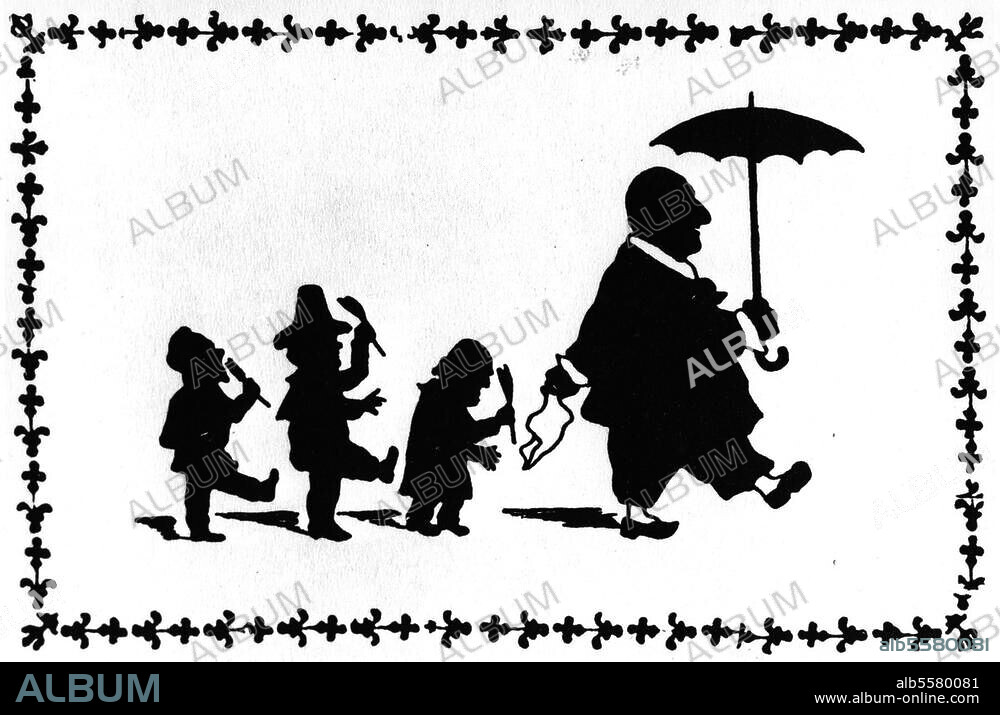 Bruckner, Anton Komponist Ansfelden 4.9.1824 - Wien 11.10.1896. "Bruckner und die Bösen Buben". (Hanslick, Kalbeck und Heuberger). Zeichnung in Scherenschnittmanier von Otto Böhler.
