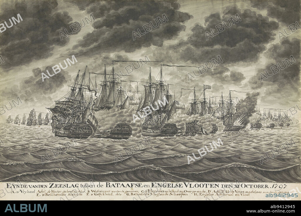End of the Sea Battle at Kamperduin, October 11, 1797, Frans Anton van Spijck, 1797 - 1798, The Sea Battle at Kamperduin on October 11, 1797 between the Batavian fleet commanded by Vice Admiral Jan Willem de Winter and a British fleet under Admiral Adam Duncan. End of the battle with the de Vrijheid mastless between English ships, the burning Hercules and Batavian ships fleeing to the left. Under heavily cloudy skies. In the caption a legend A-H of Batavian ships. See pendant., draughtsman: Frans Anton van Spijck, (mentioned on object), Netherlands, 1797 - 1798, paper, pen, brush, h 375 mm × w 540 mm.