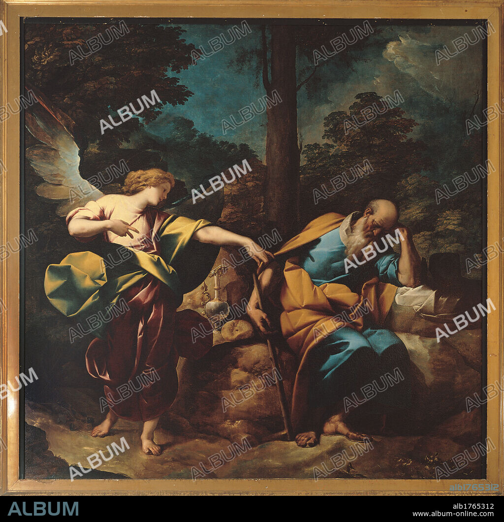 The Dream of Elijah, by Pier Francesco Mazzucchelli known as Morazzone, 1616-1618 about, 17th Century, oil on canvas,. Italy, Lombardy, Milan, San Raffaele church. All. Elijah angel prophet rocks airy drapery meditation stick ampulla vase plants shrubs tree trunk leaves foliage dark brown shades red green white pink black light blue azure orange blue.