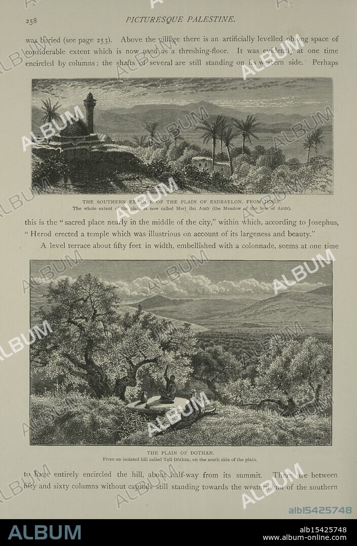 The plain of Dothan, from an isolated hill called Tell Dôthân, on the south side of the plain, Date Issued: 1881 - 1884, Place: New York, Publisher: D. Appleton, Dothan Valley (West Bank), Wells, West Bank, Extent: 10 x 16.5 cm., Hills rise from the plain, Tell Dôthân's ancient secrets, Mysteries remain.