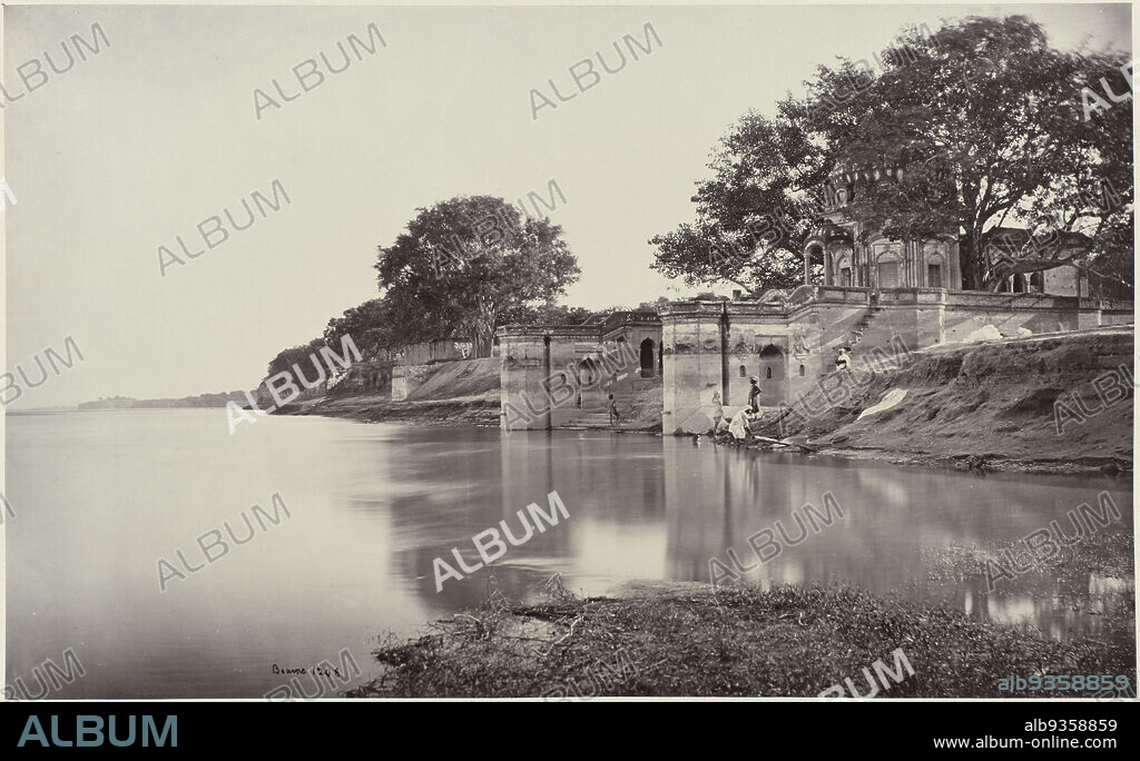 Satti Chaura Ghat in Kanpur, Sutte Chowra Ghât, the Scene of the Massacre (original title), The Suttee Chowra Ghât, Cawnpore. Scene of the Massacre (title on object), A massacre took place here on June 27, 1857, in which Indian troops inflicted a defeat on British troops., Samuel Bourne (signed by artist), Kanpur, 1864 - 1866, paper, albumen print, height 310 mm × width 192 mmheight 366 mm × width 416 mm.