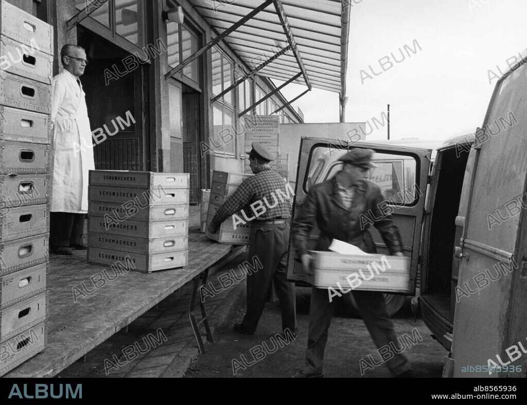 ARKIV 1957.. Två män lastar in lådor med bröd i en bil vid brödfabriken.. Foto: Jarl Ekenryd / SVT Bild / Kod: 5600. RiR sv/v 14108. Ö 144.