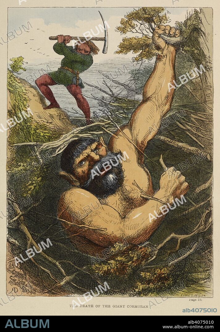 RICHARD DOYLE y ANON. 'The death of the giant Cormoran'. According to legend, this giant, named Cormoran lived on St Michael's Mount, Cornwall. Colour illustration in a children's book. The Story of Jack and the Giants, illustrated with thirty-five drawings by R. Doyle. London, 1851. Source: 12430.g.8 frontispice.