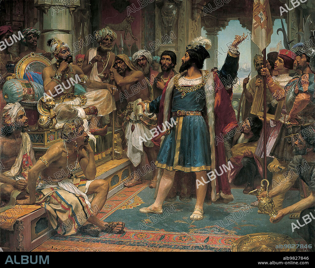 Vasco da Gama (c. 1460s-1524) was a Portuguese explorer and the first European to reach India by sea. Painting showing Vasco da Gama before the Samorim of Calicut in India, 1898.