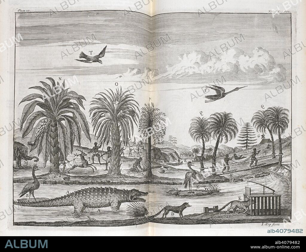 JEAN BARBOT. An illustration depicting people and wildlife of Africa. A Description of the Coasts of North and South-Guinea; and of Ethiopia Inferior, vulgarly Angola: being a new ... account of the Western maritime countries of Africa. In six books. Containing a geographical, political and natural history of the kingdoms ... with a full account of all the European settlements ... and a new relation of the province of Guiana, and of the great rivers of Amazons and Oronoque in South-America. With an Appendix; being a general account of the first discoveries of America, etc. [With plates. 1732. Source: 566.k.10, book III plate 17 between pp.202-203.