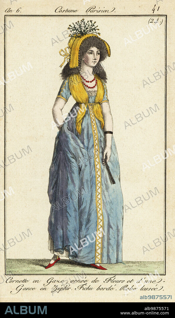 Woman in a gauze cornette or wimple, 1798. The hat is decorated with flowers and a loop of zephyr cotton. Her kerchief is edged and tucked into her belt over a laced dress. From a model seen at Tivoli Gardens. Cornette en gaze, ornee de fleurs et dune-gance en zephir. Fichu borde. Robe lassee. Jardin de Tivoli. Handcoloured copperplate engraving from Pierre de la Mesangeres Journal des Modes et Dames, Paris, 1798. The illustrations in volume 1 were by Carle Vernet, Claude Louis Desrais and Philibert Louis Debucourt.