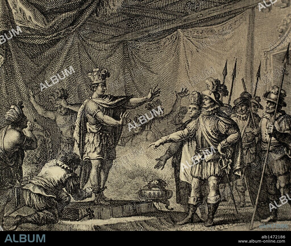Second letter of Relation by Hernan Cortes (October 30, 1520). To punish the betrayal of Aztec hero Cuauhpopoca, Cortes took prisoner Moctezuma II. Engraving, 1807.