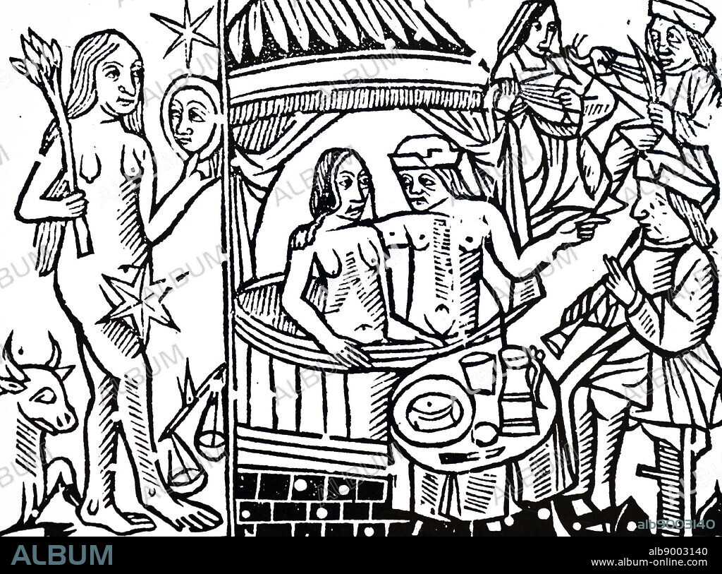 A medieval woodcut engraving titled 'Venus'. Venus was considered a female planet and those born under Venus loved clothes and ornaments. Dated 16th century.