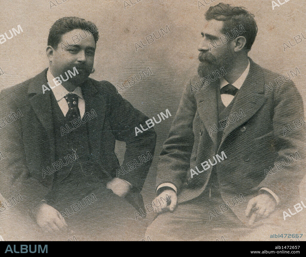 ALBENIZ, Isaac (Camprodón,1860-Cambo-les-Bains, 1909). Compositor y pianista español. BRETON, Tomás ((Salamanca,1850-Madrid,1923). Compositor español. Los dos músicos juntos en una fotografía del año 1896. Colección particular.