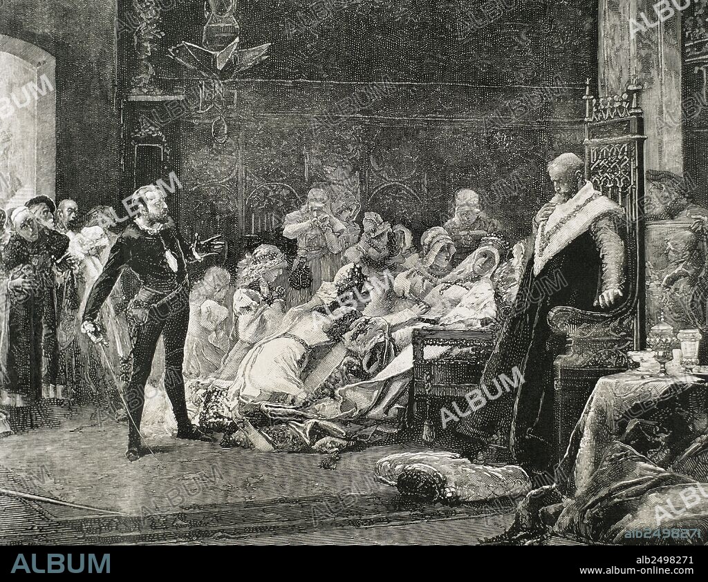 William Shakespeare (1564-1616). English writer. Hamlet. Queen Gertrude dies poisoned after drinking to the health of Hamlet for his victory in the duel with Laertes. Engraving after painting by Salvador Sanchez Barbudo "The last scene of Hamlet," 1884. Engraving, 19th century.