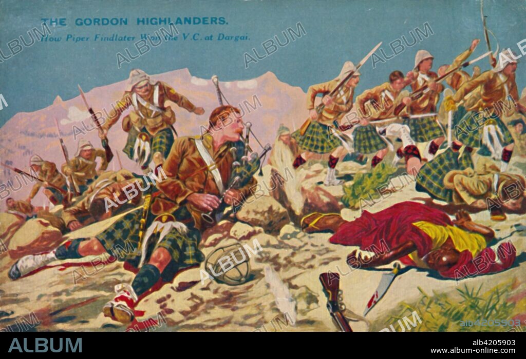 'The Gordon Highlanders. How Piper Findlater won the V.C. at Dargai', 1897, (1939). The Storming of the Dargai Heights by the 1st Gordon Highlanders and the Gurkhas, 1897. Fighting between British troops and Afridi tribesmen on the North-West Frontier (a province of British India and later of Pakistan) on 20 October 1897, during the Tirah Campaign. Four Victoria Crosses were awarded after the action. One of the recipients was piper George Findlater who continued to play to encourage his battalion's advance, despite having been wounded. From Battles for the Flag, a set of cards given away with British boys' comic The Wizard. [D. C. Thomson & Co., Dundee, 1939].