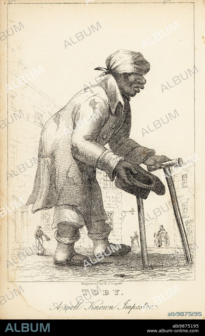 Toby, a black merchant seaman who lost all his toes on a voyage between Bermuda and Memel. He became a vagabond begging on Regency London streets with hat, torn coat and sticks. Carriage and road sweeper in the background. Toby, a well known imposter. Lithograph after a stipple engraving by Robert Cooper after an original by John Parry from Henry Wilson and James Caulfields Book of Wonderful Characters, Memoirs and Anecdotes, of Remarkable and Eccentric Persons in all ages and countries, John Camden Hotten, Piccadilly, London, 1869.