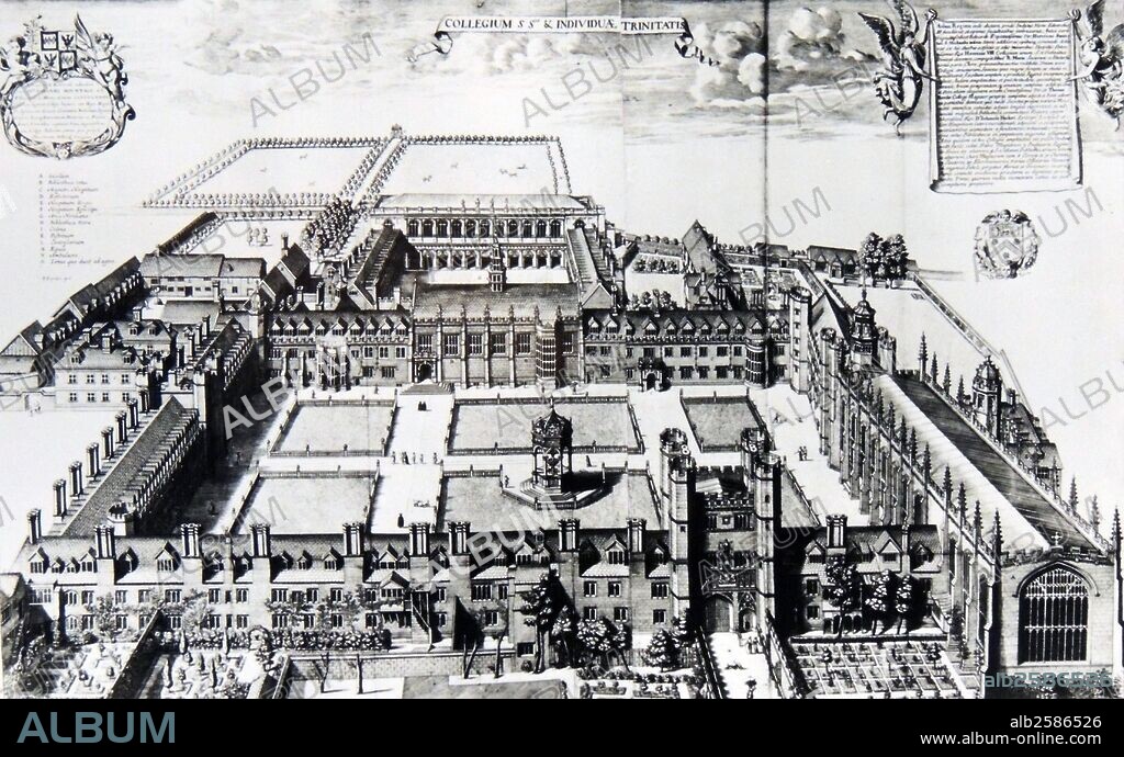 Trinity College in the Town and University of Cambridge. depicted in a David Loggan print of 1690 showing Nevile's Great Court (foreground) and Nevile's Court with the then-new Wren Library (background).