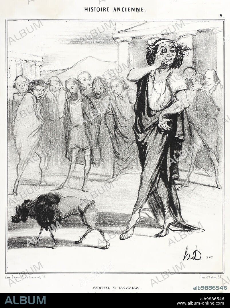 HONORé DAUMIER. Jeunesse d'Alcibiade, 1842. The Youth of Alcibiades. Ce dandy rutilant auréolé de fleurs, Si crânement galbé dans sa prestance riche, Voulant faire un beau jour la queue à ses blaguers, Coupa celle de son caniche. (Pun on the French word 'queue' which can mean a queue or a tail). This shining dandy crowned with flowers, So pleased with his fancy appearance, Wanting to one day stand in line with those who mock him, has cut his poodle's tail. From L'Histoire ancienne.