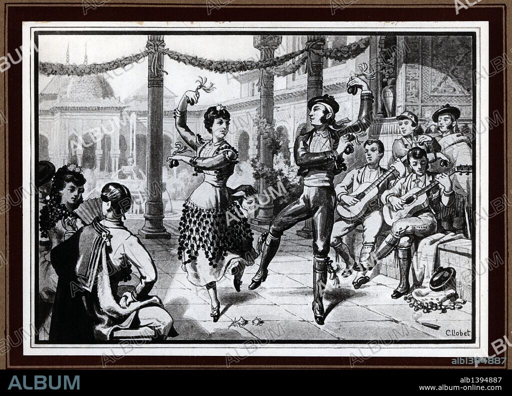 CARLOS LLOBET BUSQUETS. Bolero. Baile español derivado del "fandango" y de la "seguidilla". Patio de los Leones, de la Alhambra de Granada. Grabado de 1929.