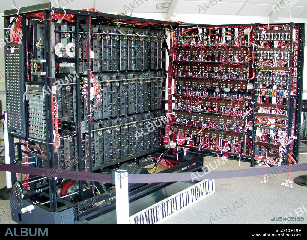 View of the working rebuilt bombe at Bletchley Park, built by a team led by John Harper and switched on by the Duke of Kent, patron of the British Computer Society, on 17 July 2008. The bombe was an electromechanical device whose function was to discover some of the daily settings of the Enigma machines on the various German military networks. Its pioneering design was developed by Alan Turing (with an important contribution from Gordon Welchman) and the machine was engineered by Harold 'Doc' Keen of the British Tabulating Machine Company. Each machine was about 7 feet (2.1 m) high and wide, 2 feet (0.61 m) deep and weighed about a ton.